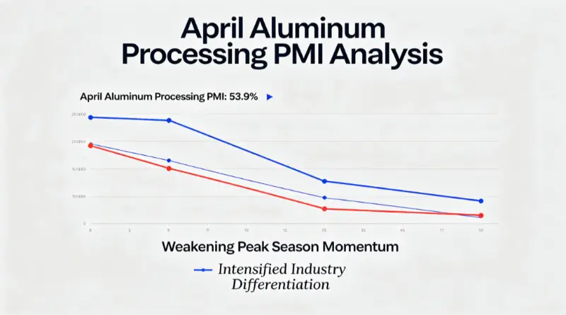 The PMI for aluminum processing in April dropped to 53.9%, indicating a weakening momentum during the peak season.